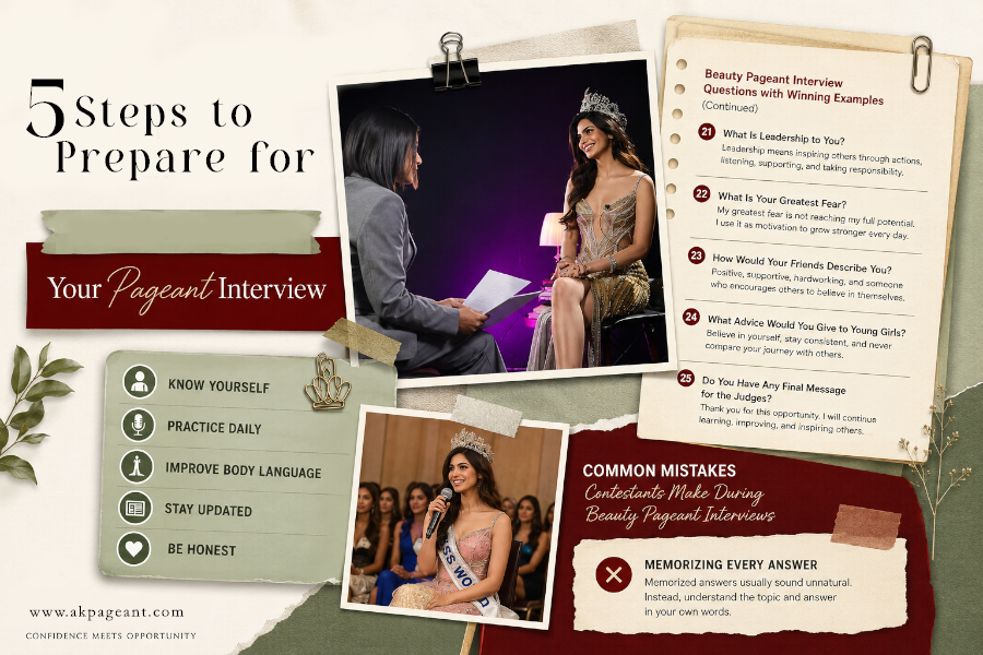 Infographic showing 5 steps to prepare for a beauty pageant interview, including self-awareness, daily practice, body language, current affairs, honesty, winning interview questions, and common interview mistakes for pageant contestants.