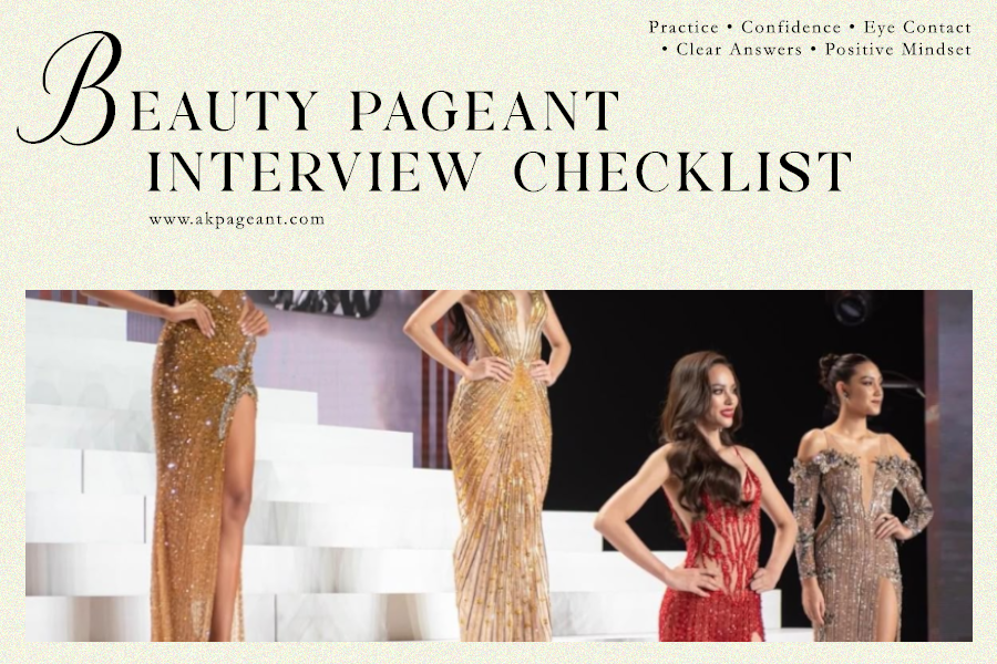  Pageant interview checklist infographic featuring essential preparation tips including confidence, practice, eye contact, clear answers, and a positive mindset to help contestants succeed in pageant interviews.