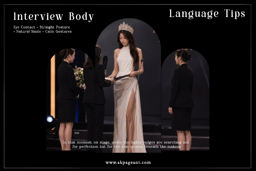 Beauty pageant interview body language tips infographic showing eye contact, straight posture, natural smile, and calm gestures to help contestants make a confident and lasting impression during pageant interviews.