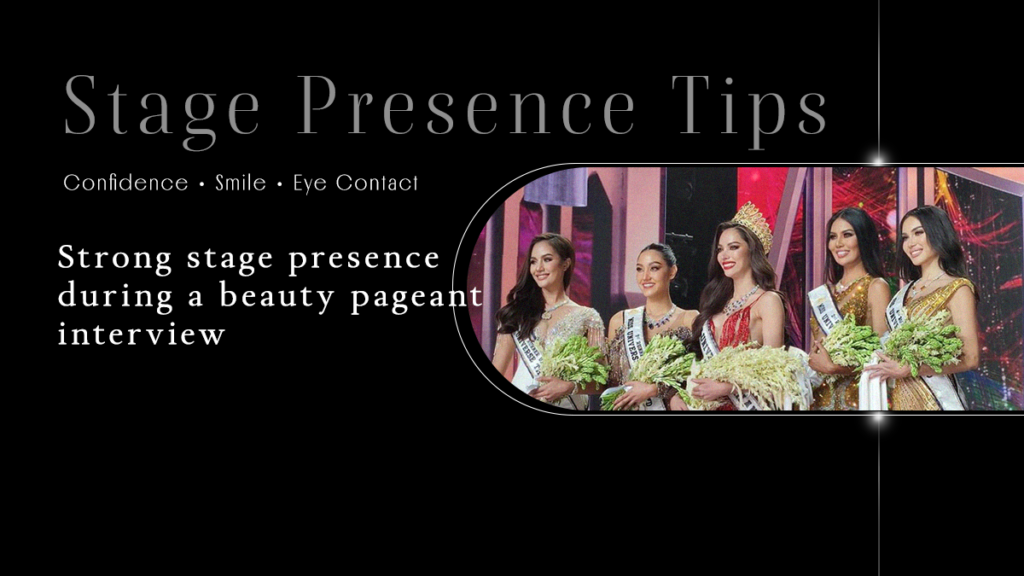 Stage Presence Tips for Beauty Pageants – Contestants demonstrating confident stage presence, eye contact, posture, and professional pageant presentation.
