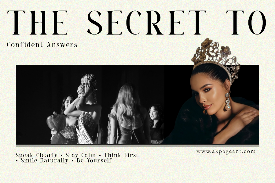 The secret to confident beauty pageant interview answers infographic featuring tips to speak clearly, stay calm, think before answering, smile naturally, and be yourself during pageant interviews.