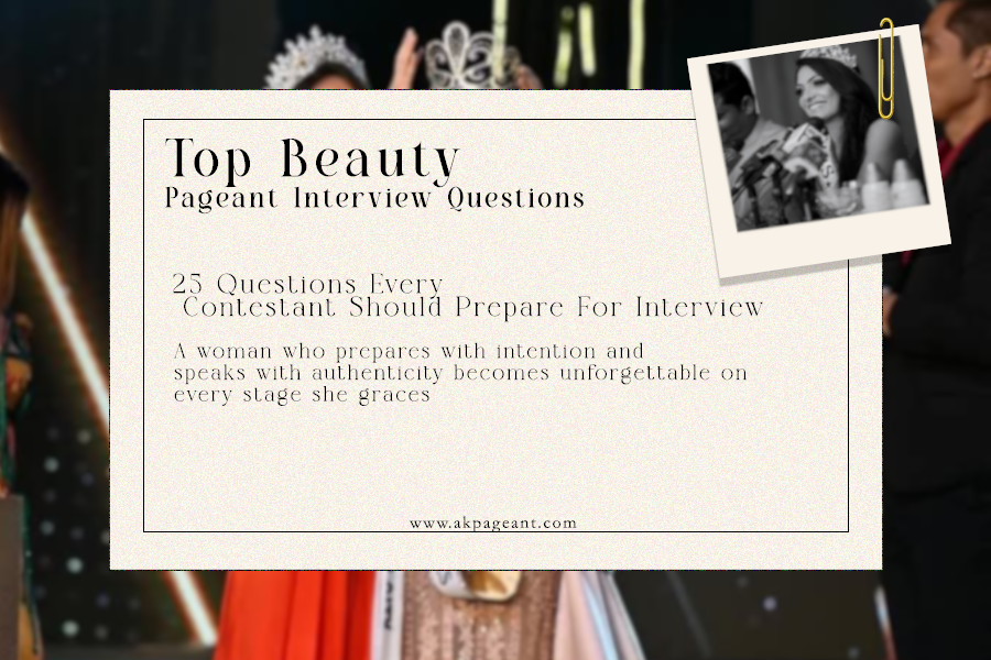 Top beauty pageant interview questions infographic featuring 25 essential interview questions, preparation tips, and guidance to help contestants answer confidently and perform successfully in pageant interviews.