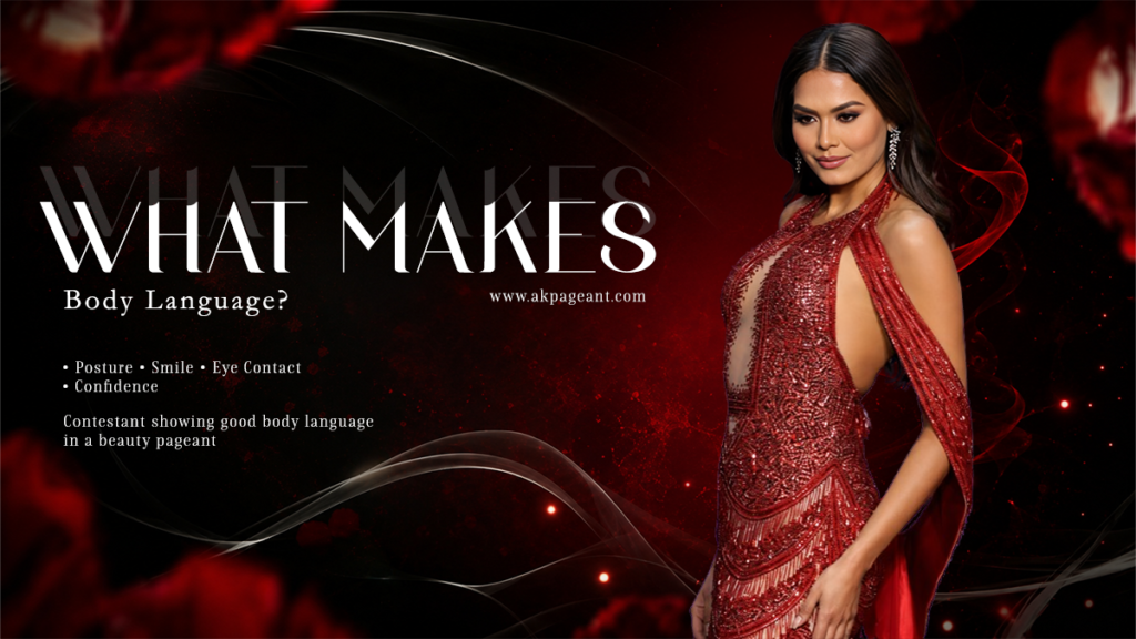 What Makes Great Body Language in Beauty Pageants – Confident contestant demonstrating proper posture, eye contact, smile, and stage presence